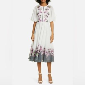 TED BAKER London Ivory White Floral Print Neapolitan BEGONI Slit Back Midi Dress